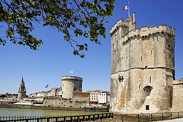 View of the three Towers at the entrance to Vieux Port, La Rochelle, Charente-Maritime, France, Europe