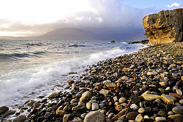 Waves breaking on the rocky foreshore at Elgol, Isle of Skye, Inner Hebrides, Scotland, United Kingdom, Europe