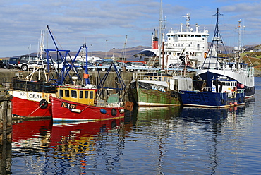 Fishing boats and Car Ferry in the harbour, Mallaig, Highlands, Scotland, United Kingdom, Europe