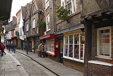 The medieval narrow street of the Shambles and Little Shambles, York, Yorkshire, England, United Kingdom, Europe