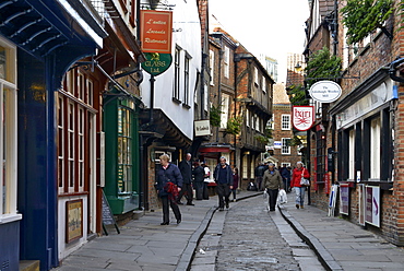 The medieval narrow street of the Shambles and Little Shambles, York, Yorkshire, England, United Kingdom, Europe