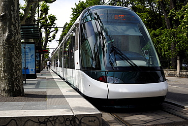 Tram at tram station, Strasbourg, Alsace, France, Europe