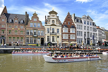 Pleasure boats on the river, looking towards Korenlei quay, Ghent, Flanders, Belgium, Europe