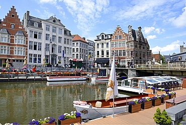 Pleasure boats on the river, looking towards Korenlei quay, Ghent, Flanders, Belgium, Europe