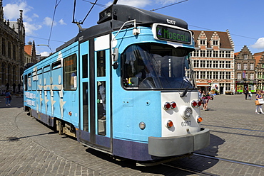 Tram in the Corn Market (Korenmarkt), Ghent, Flanders, Belgium, Europe