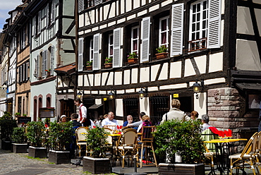 Restaurant, timbered buildings, La Petite France, Strasbourg, Alsace, France, Europe