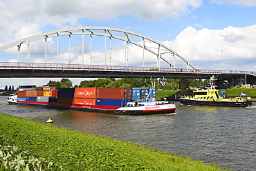 Barge carrying shipping containers, Amsterdam-Rhine Canal, Amsterdam, North Holland, Netherlands, Europe