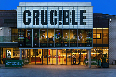 The Crucible Theatre during the World Seniors Snooker Championships, Tudor Square, Heart of the City, Sheffield, Yorkshire, England