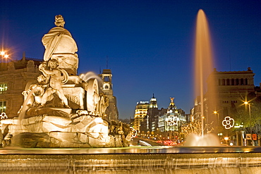 Cibeles Square (Plaza de Cibeles) and Cibeles fountain, Calle de Alcala at Christmas time, Madrid, Spain, Europe