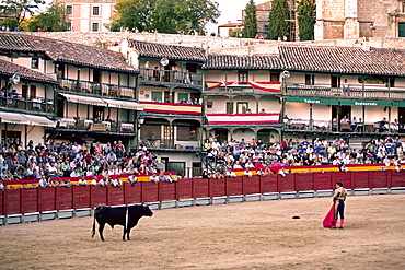 The main square of the village used as the Plaza de Toros, the bulls are young (novillos), Chinchon, Comunidad de Madrid, Spain, Europe