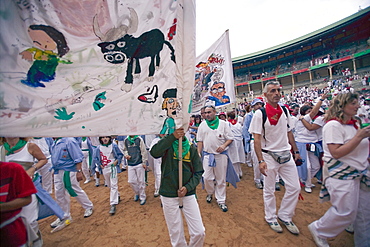 Clubs parade in Plaza de Toros, San Fermin festival, Pamplona, Navarra, Euskadi, Spain, Europe