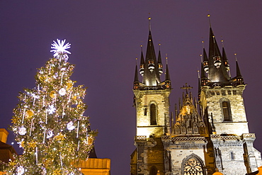 Old Town Square at Christmas time and Tyn Cathedral, Prague, Czech Republic, Europe