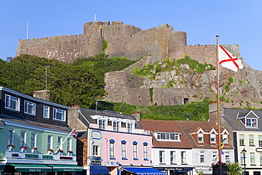 Mount Orgueil Castle, overlooking Grouville Bay in Gorey, Jersey, Channel Islands, United Kingdom, Europe