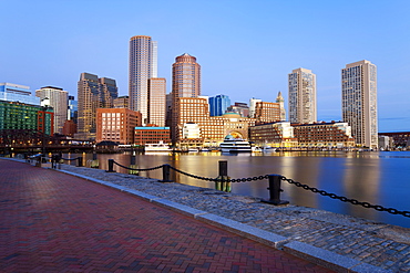 Skyline and inner harbour including Rowes Wharf at dawn, Boston, Massachusetts, New England, United States of America, North America