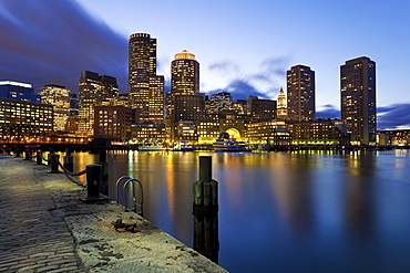 Skyline and inner harbour including Rowes Wharf at dawn, Boston, Massachusetts, New England, United States of America, North America