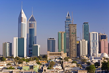 Elevated view of the new Dubai skyline of modern architecture and skyscrapers along Sheikh Zayed Road, Dubai, United Arab Emirates, Middle East