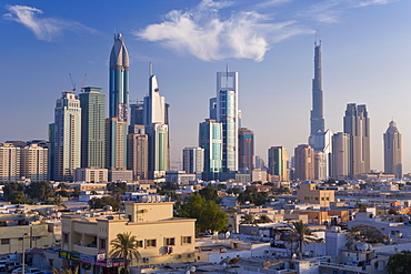 Elevated view of the new Dubai skyline of modern architecture and skyscrapers along Sheikh Zayed Road, Dubai, United Arab Emirates, Middle East