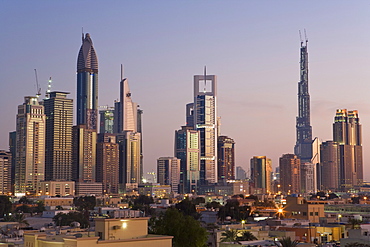 Elevated view of the new Dubai skyline of modern architecture and skyscrapers along Sheikh Zayed Road, Dubai, United Arab Emirates, Middle East