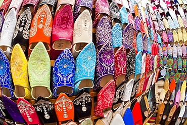 Soft leather Moroccan slippers in the Souk, Medina, Marrakesh, Morocco, North Africa, Africa