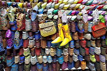 Soft leather Moroccan slippers in the Souk, Medina, Marrakesh, Morocco, North Africa, Africa