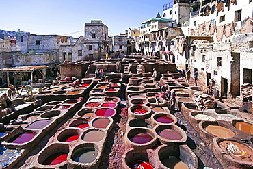 Chouwara traditional leather tannery in Old Fez, vats for tanning and dyeing leather hides and skins, Fez, Morocco, North Africa, Africa