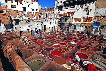 Chouwara traditional leather tannery in Old Fez, vats for tanning and dyeing leather hides and skins, Fez, Morocco, North Africa, Africa