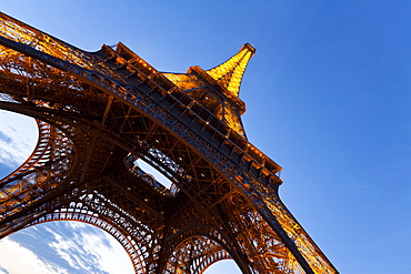 View upwards from underneath the Eiffel Tower in Paris, France, Europe