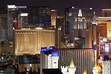 Elevated view of casinos on The Strip at night, Las Vegas, Nevada, United States of America, North America