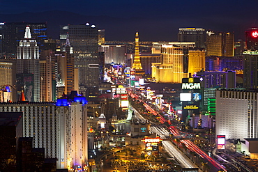 Elevated view of the hotels and casinos along The Strip at dusk, Las Vegas, Nevada, United States of America, North America