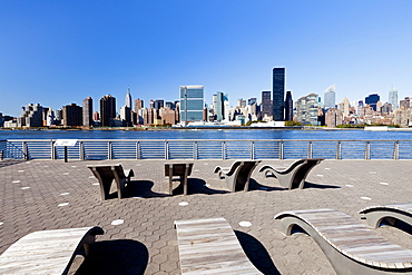 Skyline of Midtown Manhattan seen from the East River showing the Chrysler Building and the United Nations building, New York, United States of America, North America