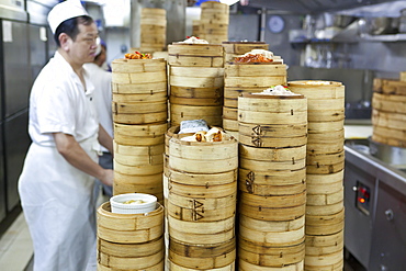 Dim sum preparation in a restaurant kitchen in Hong Kong, China, Asia