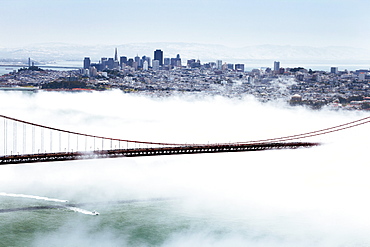 Golden Gate Bridge and the San Francisco skyline floating above the fog on a foggy day in San Francisco, California, United States of America, North America