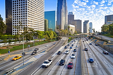 The 110 Harbour Freeway and Downtown Los Angeles skyline, California, United States of America, North America