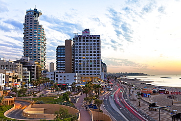 Elevated dusk view of the city beachfront, Tel Aviv, Israel, Middle East