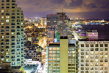 Elevated dusk view of the city beachfront, Tel Aviv, Israel, Middle East