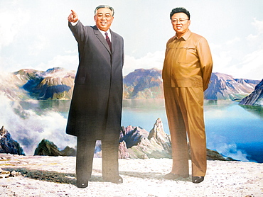 Painting of the Great Leaders, Kim Jong Il and Kim Il Sung, Pyongyang, Democratic People's Republic of Korea (DPRK), North Korea, Asia