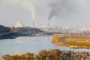 Elevated view towards the Pyongyang skyline, Democratic People's Republic of Korea (DPRK), North Korea, Asia