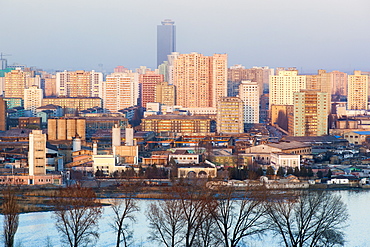 Elevated view over the city skyline, Pyongyang, Democratic People's Republic of Korea (DPRK), North Korea, Asia