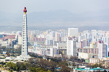 City skyline and the Juche Tower, Pyongyang, Democratic People's Republic of Korea (DPRK), North Korea, Asia