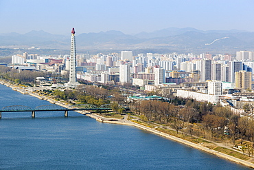 City skyline and the Juche Tower, Pyongyang, Democratic People's Republic of Korea (DPRK), North Korea, Asia