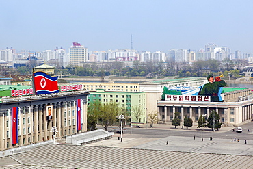 Elevated view over Kim Il Sung Square, Pyongyang, Democratic People's Republic of Korea (DPRK), North Korea, Asia