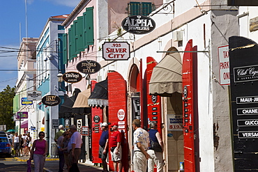 Shops lining the central Main Street, Charlotte Amalie, U.S. Virgin Islands, Leeward Islands, West Indies, Caribbean, Central America