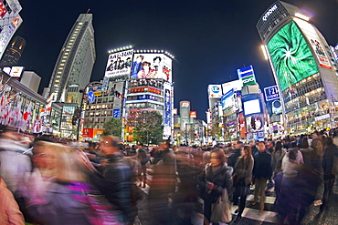 Shibuya Crossing, crowds of people crossing the intersection in the centre of Shibuya, Tokyo, Honshu, Japan, Asia 