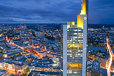 City centre from above at dusk, Frankfurt, Hessen, Germany, Europe 