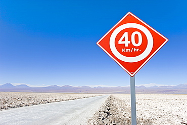 Road sign in the Atacama Desert, Norte Grande, Chile, South America 