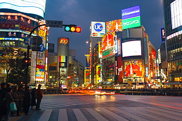 Neon lights of Shibuya at dusk, Tokyo, Honshu, Japan, Asia