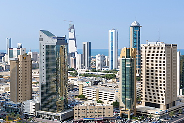 Elevated view of the modern city skyline and central business district, Kuwait City, Kuwait, Middle East