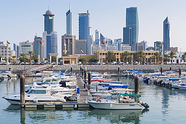 City skyline viewed from Souk Shark Mall and Kuwait harbour, Kuwait City, Kuwait, Middle East