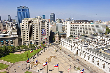 Elevated view over the Plaza de la Constitucion and the central Santiago city skyline, Santiago, Chile, South America