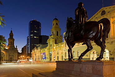 Close-up of the equestrian statue of Pedro de Valdivia in front of the Museo Historico Nacional in Plaza de Armas, Santiago, Chile, South America